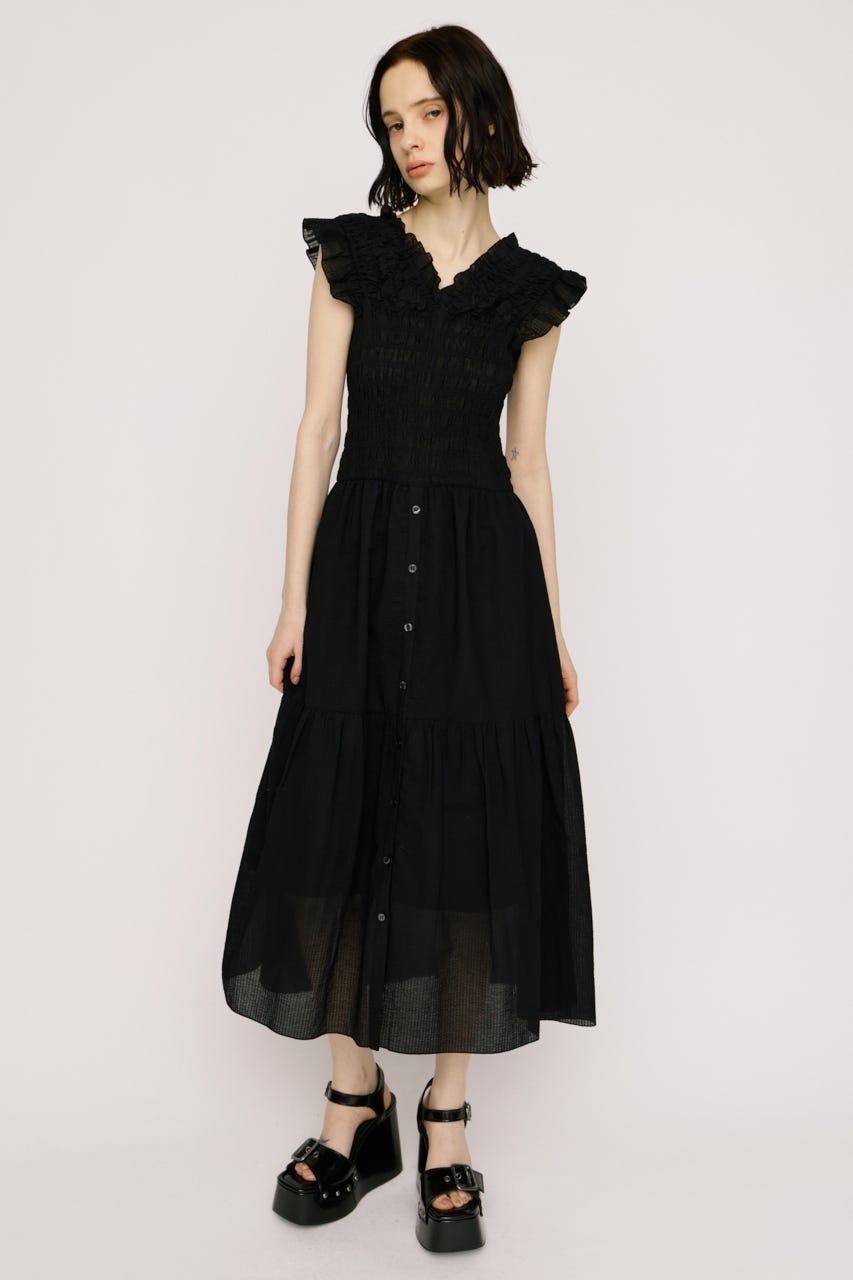 SHIRRING V／N ロングワンピース BLK 1
