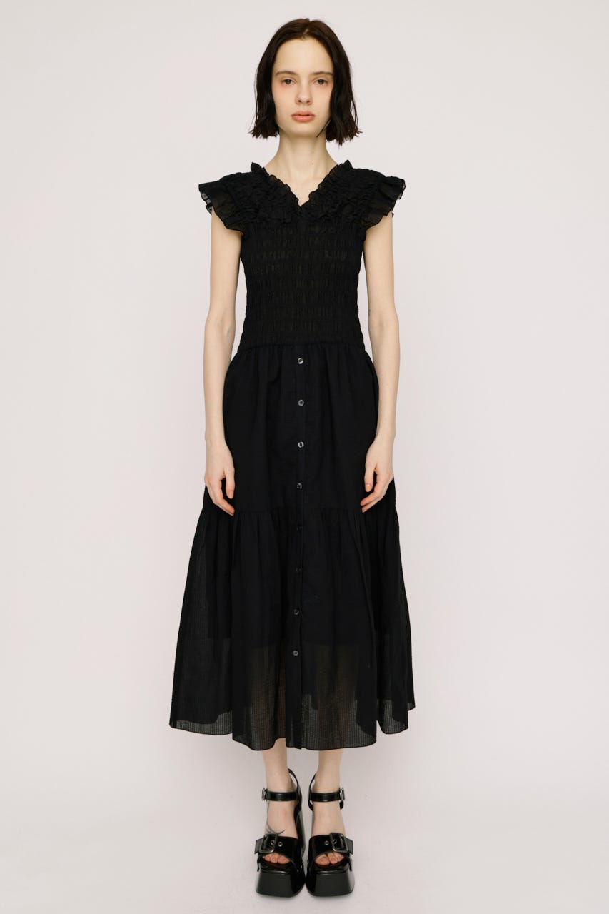 SHIRRING V／N ロングワンピース BLK 1