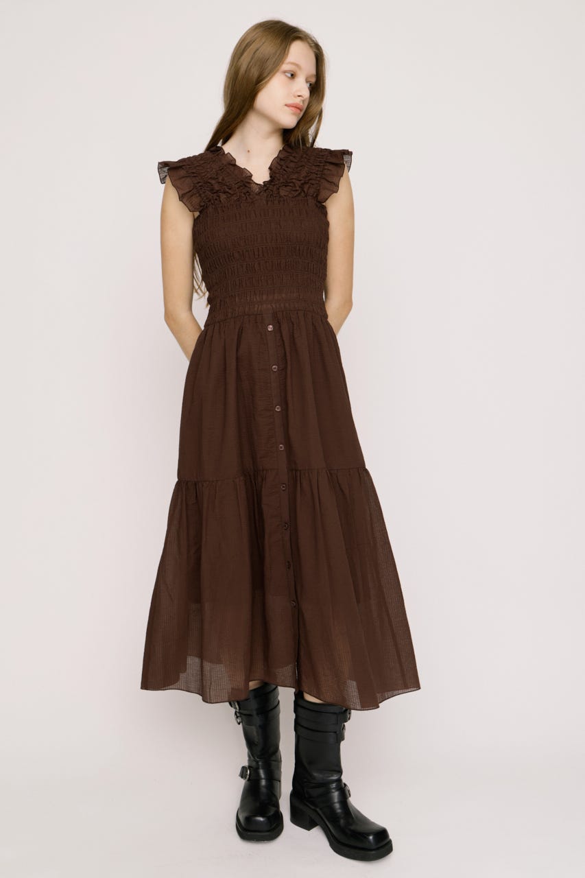 SHIRRING V／N ロングワンピース BRN 2