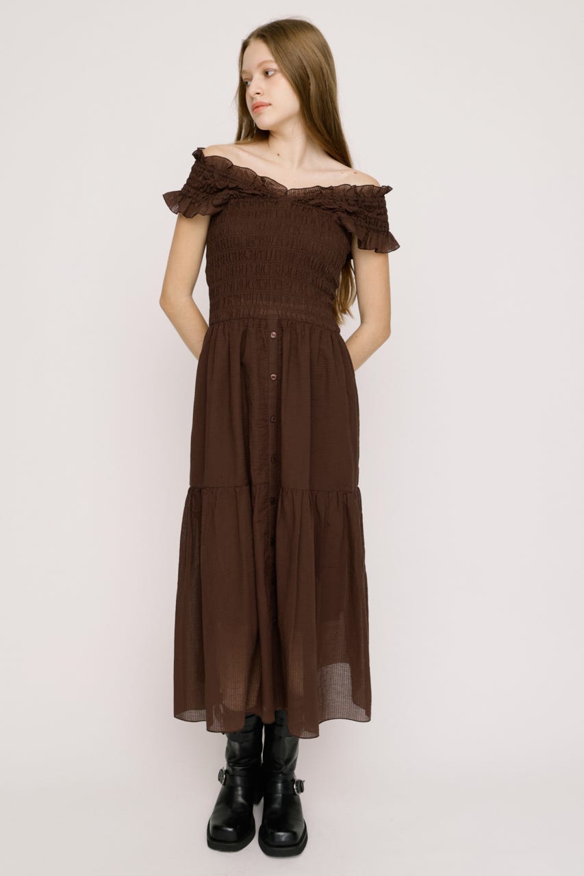 SHIRRING V／N ロングワンピース BRN 2