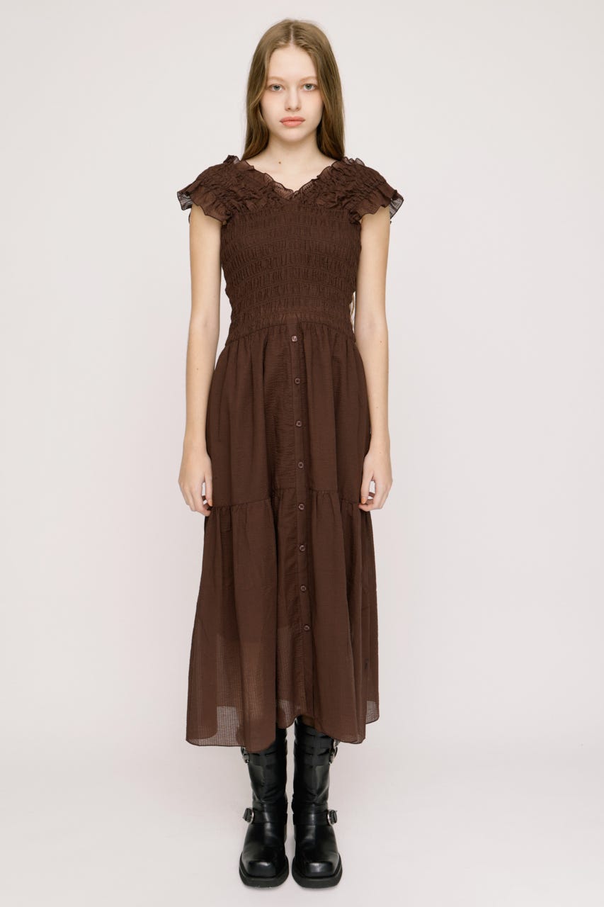 SHIRRING V／N ロングワンピース BRN 2