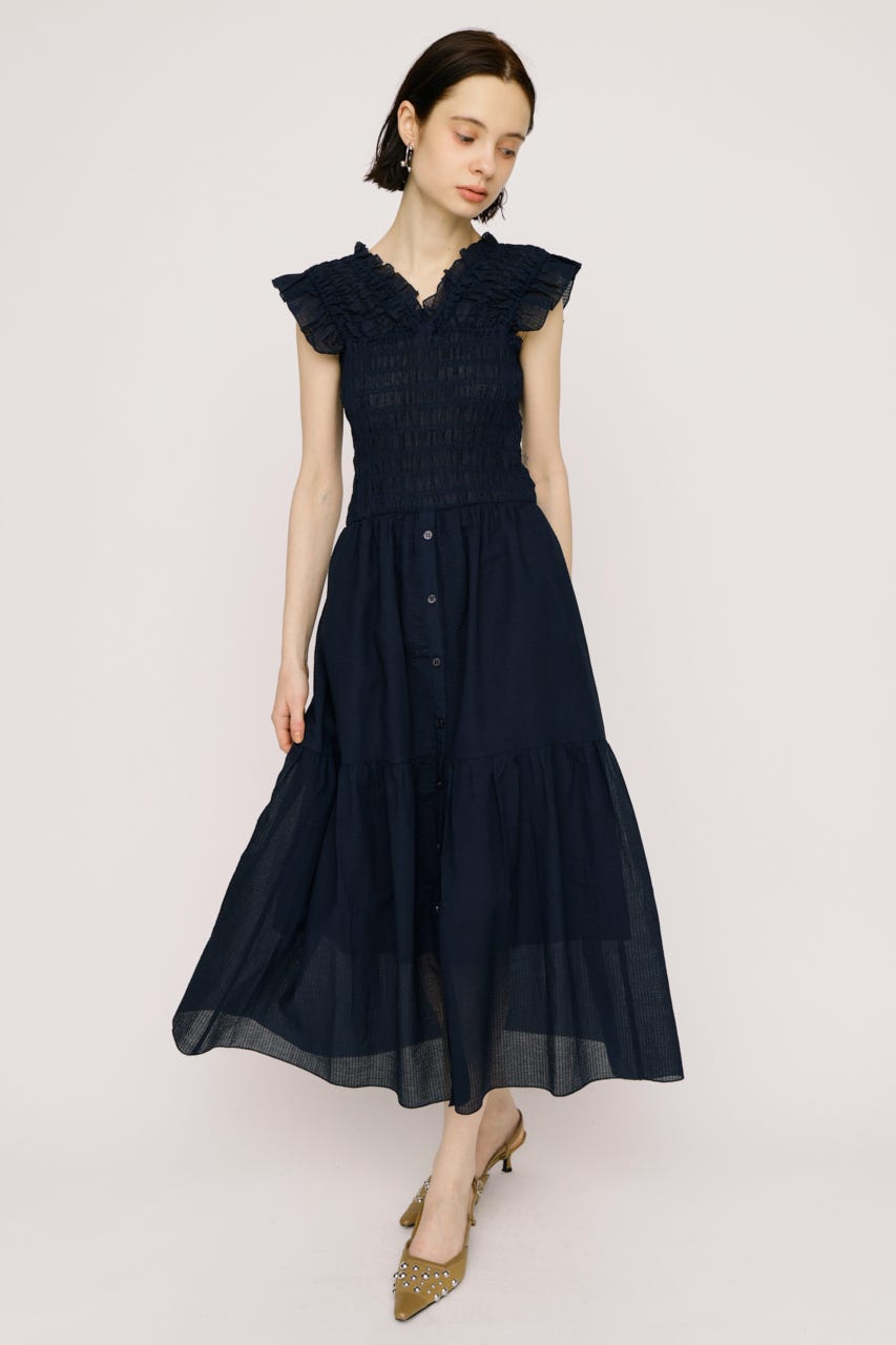 SHIRRING V／N ロングワンピース NVY 1