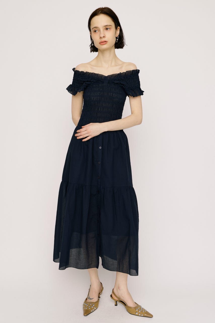 SHIRRING V／N ロングワンピース NVY 1