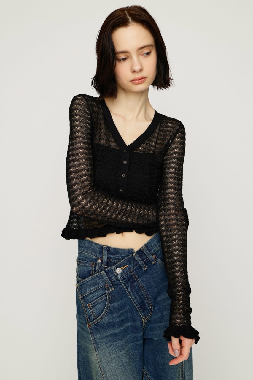【1BUY5％OFF】CROCHET FRILL HG カーディガン BLK FREE