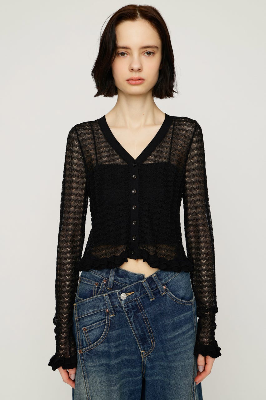 【1BUY5％OFF】CROCHET FRILL HG カーディガン BLK FREE