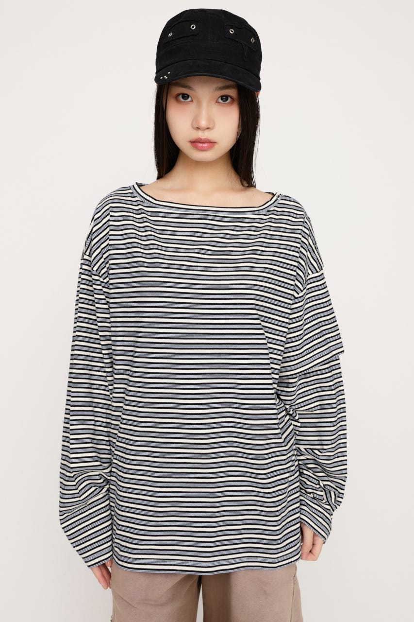ASYMMETRY BORDER L／S トップス M/BLK FREE