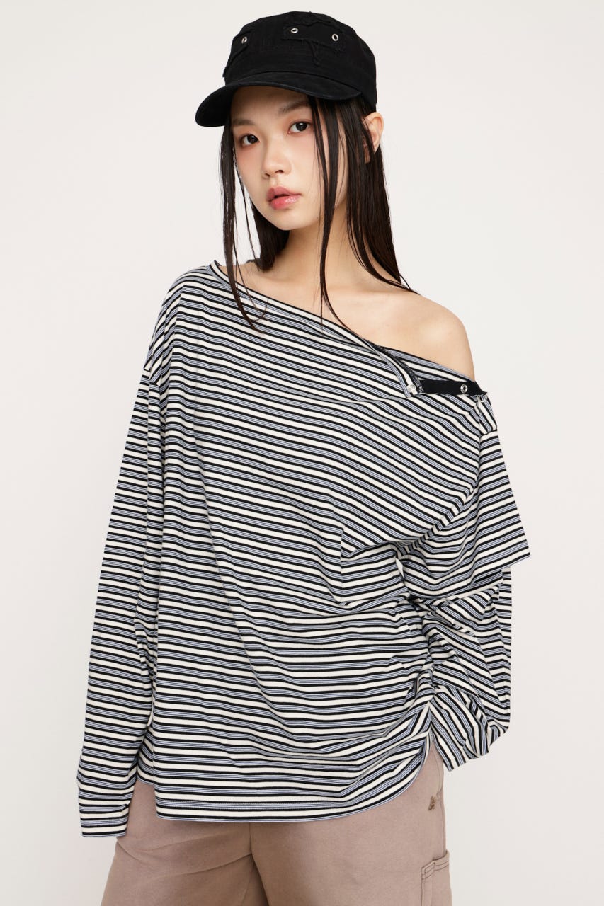 ASYMMETRY BORDER L／S トップス M/BLK FREE