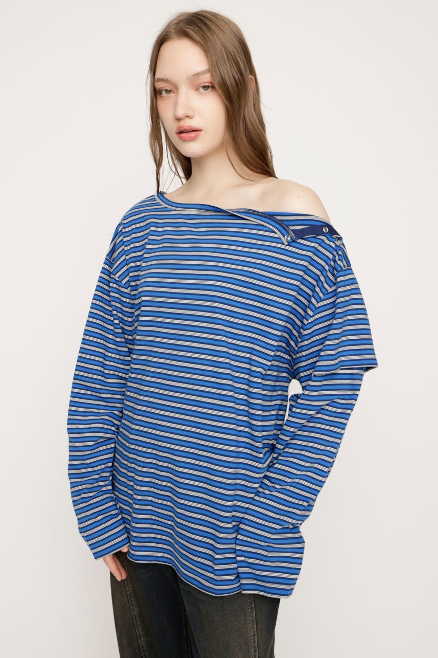 ASYMMETRY BORDER L／S トップス M/BLU FREE