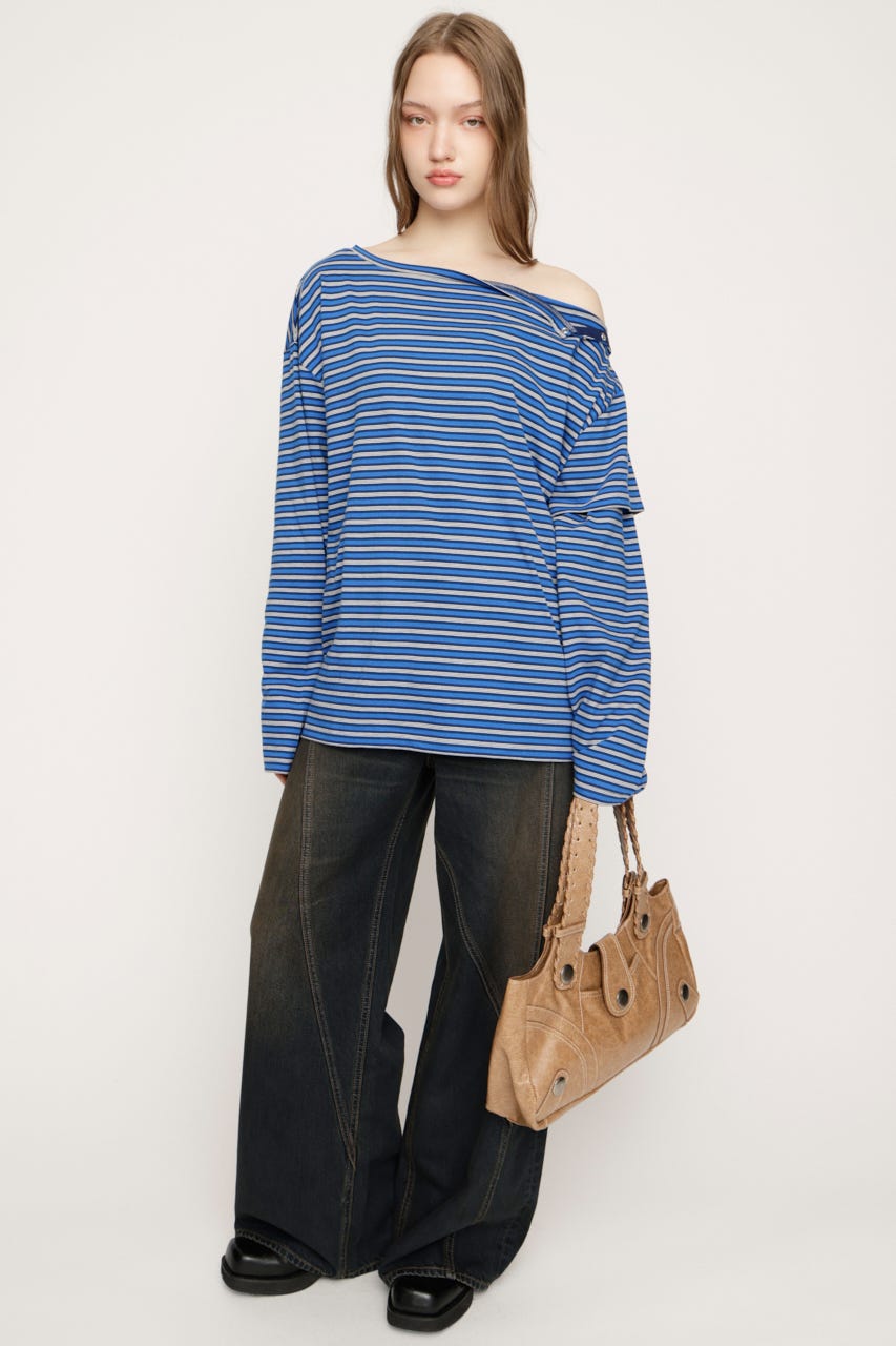 ASYMMETRY BORDER L／S トップス M/BLU FREE