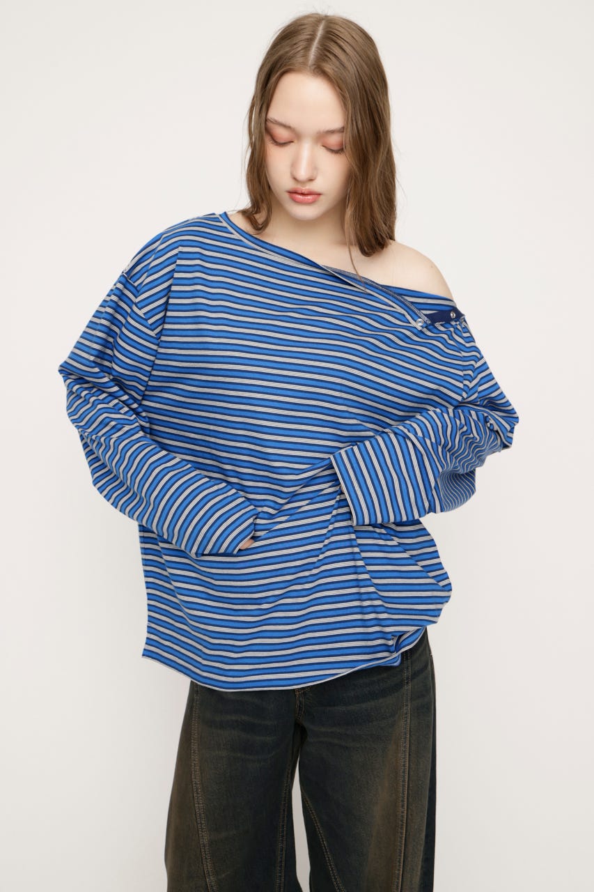 ASYMMETRY BORDER L／S トップス M/BLU FREE
