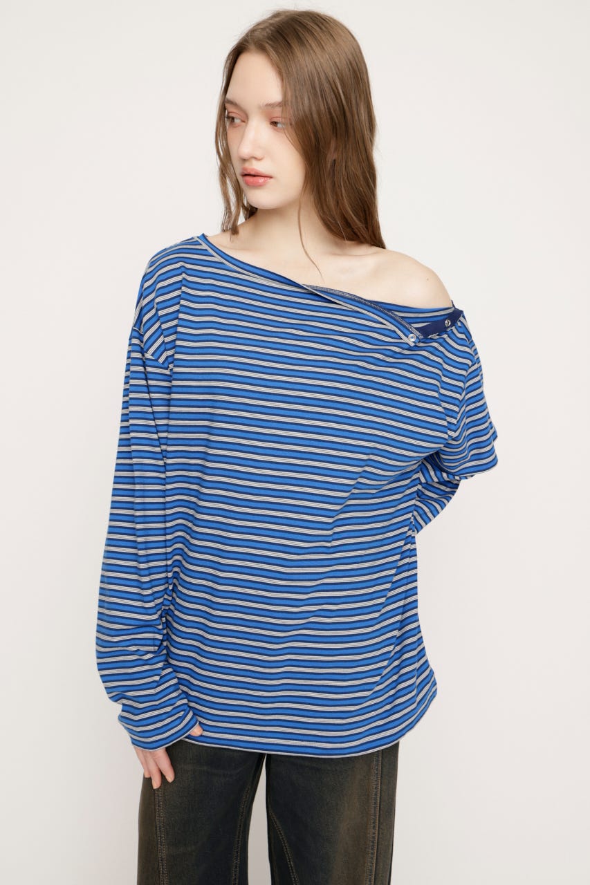 ASYMMETRY BORDER L／S トップス M/BLU FREE