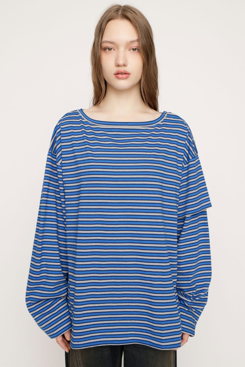 ASYMMETRY BORDER L／S トップス M/BLU FREE