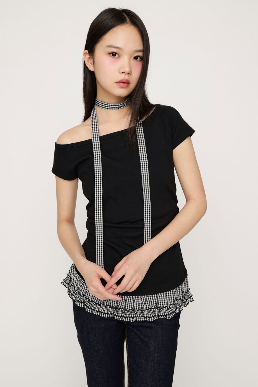 TIE FRILL GATHER トップス BLK FREE