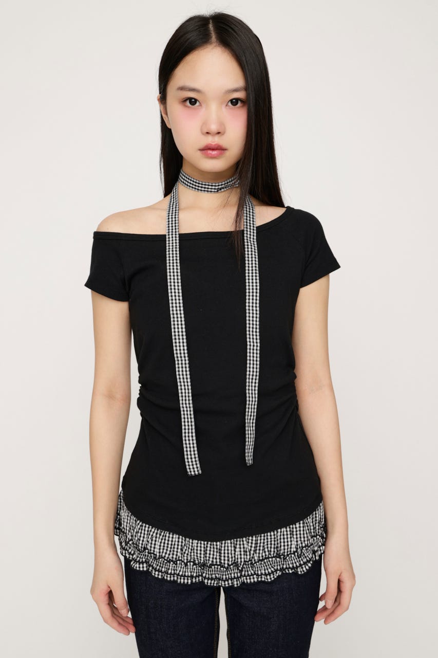 TIE FRILL GATHER トップス BLK FREE