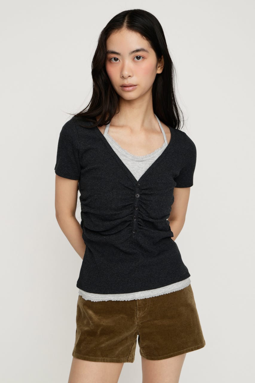 LAYERED LIKE CUT S／S トップス L/BLK FREE