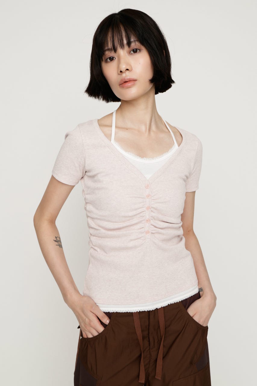 LAYERED LIKE CUT S／S トップス L/PNK FREE