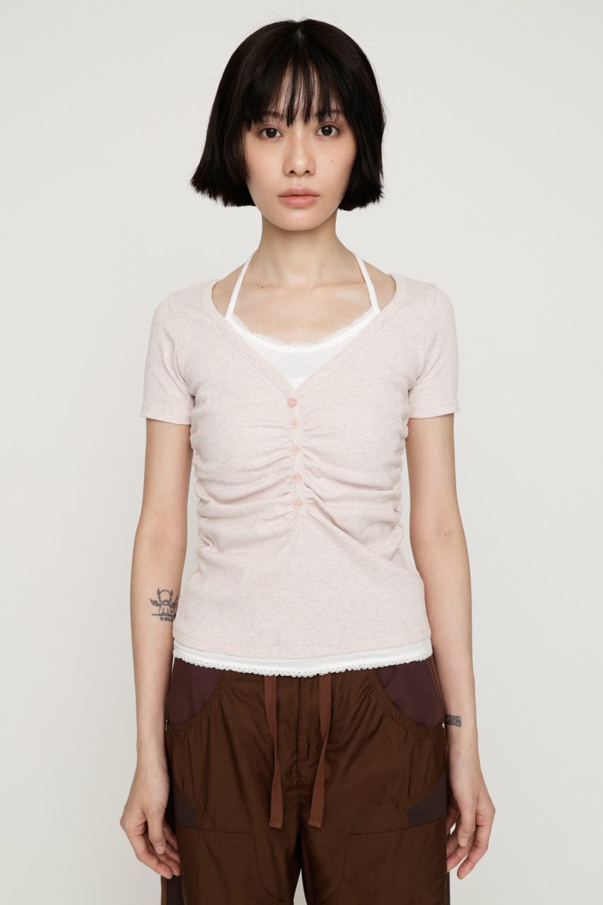 LAYERED LIKE CUT S／S トップス L/PNK FREE