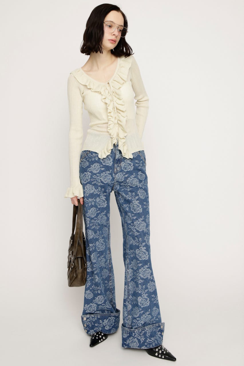 L／W STUDDED ROSE FLARE パンツ M/BLU 1