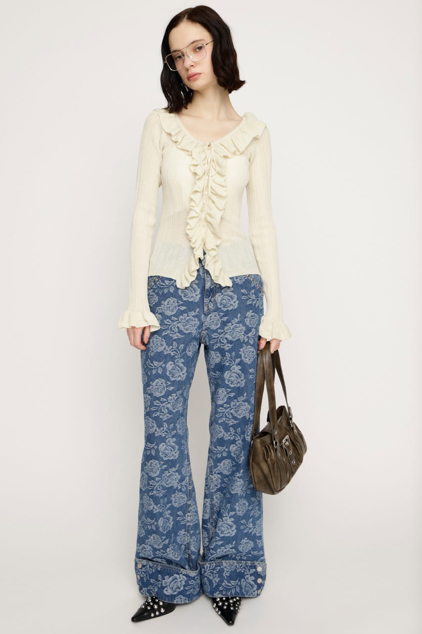 L／W STUDDED ROSE FLARE パンツ M/BLU 1