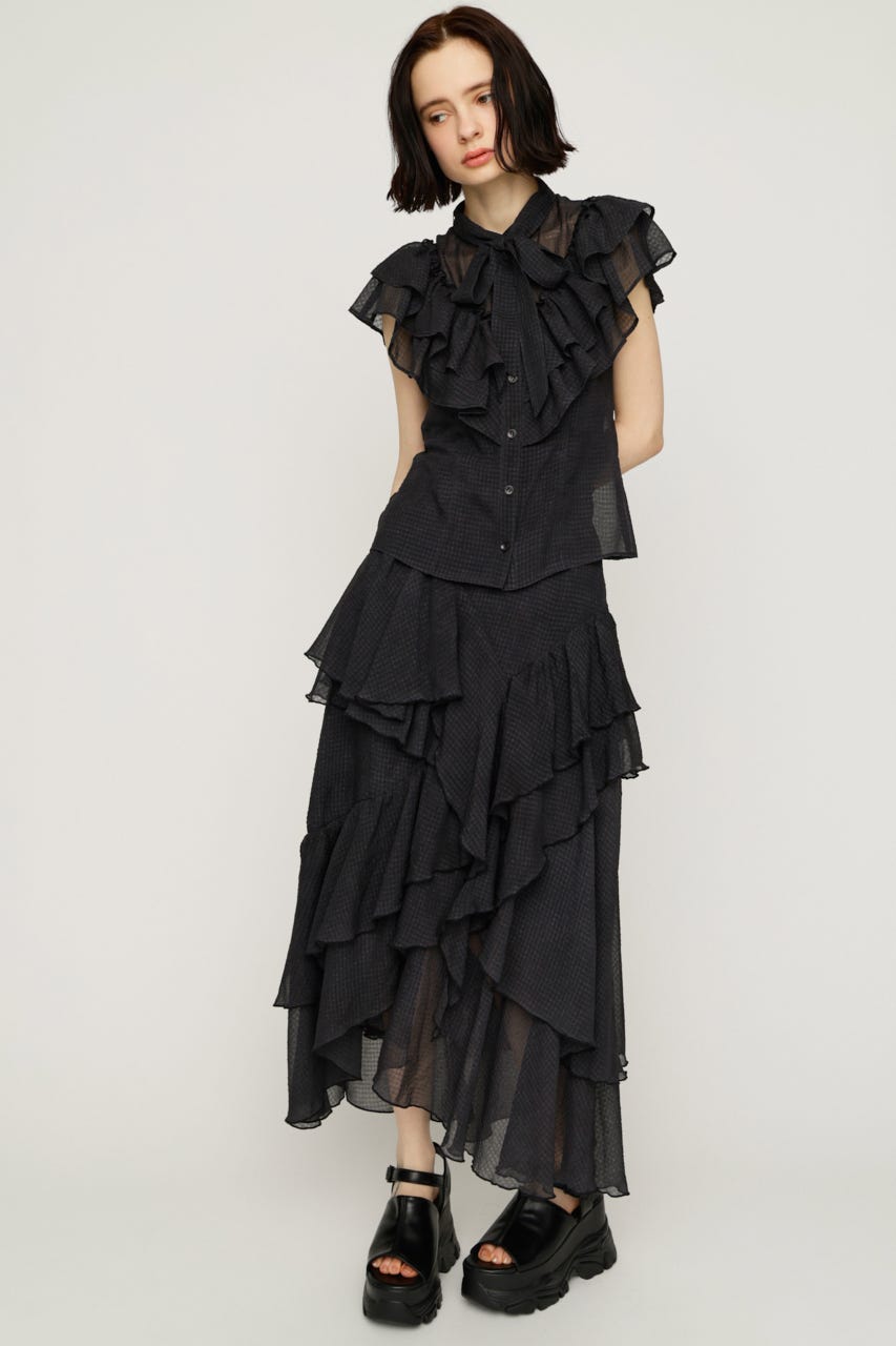 【1BUY5％OFF】LAYERE SHEER FLARE ロングスカート BLK FREE