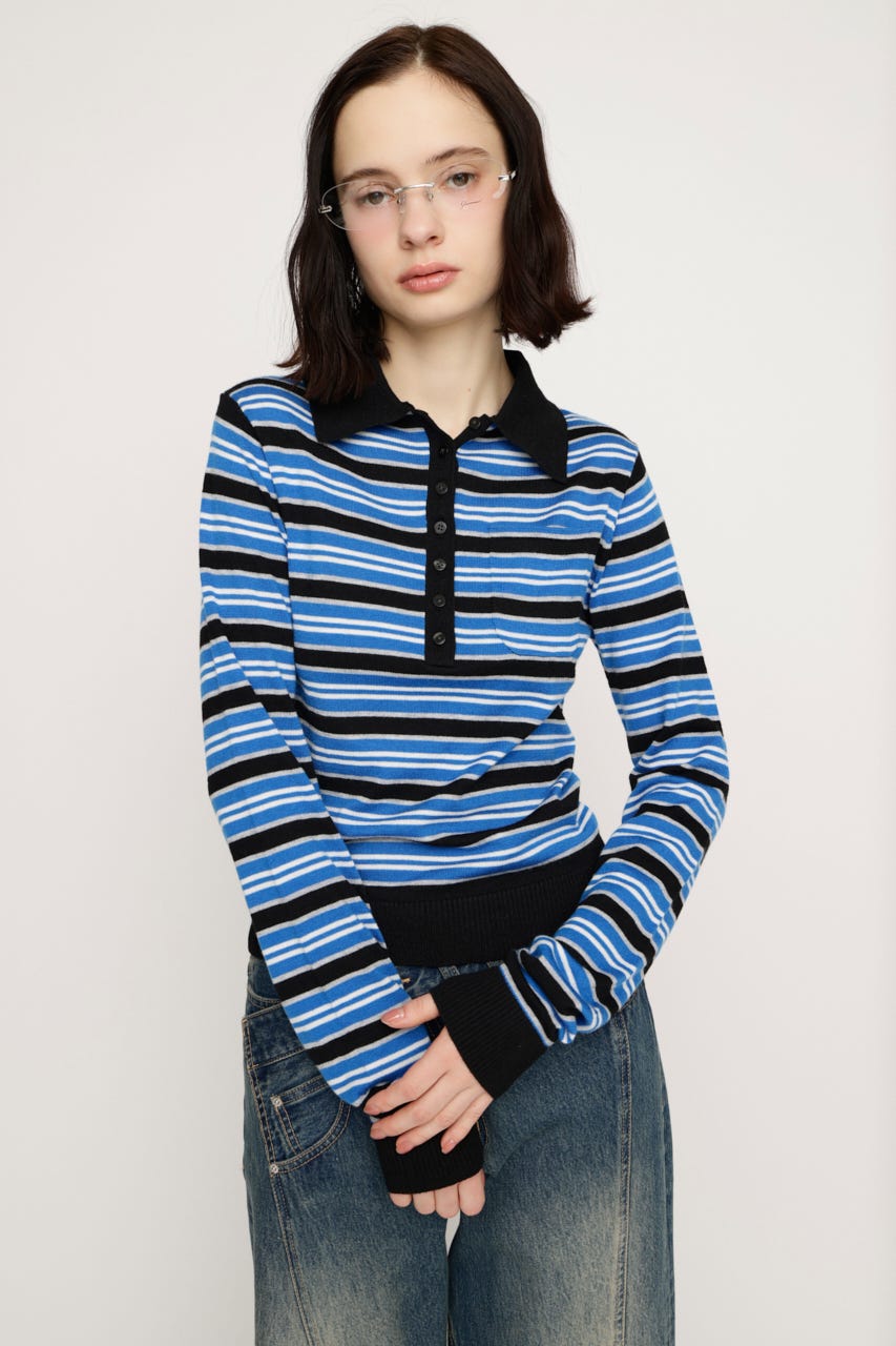 HG KNIT POLO トップス M/BLU FREE