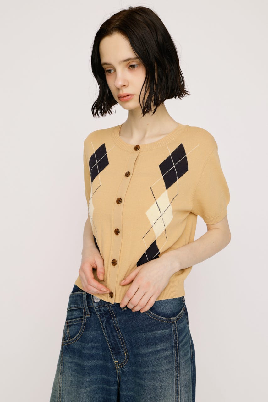 【1BUY5％OFF】ARGYLE FRONT BUTTON KNIT トップス L/ORG FREE