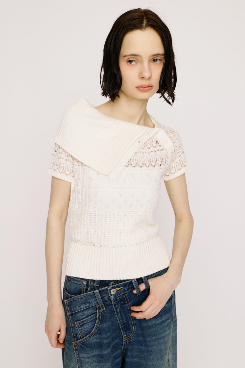 超美品！LEINWANDE ミックスフリンジクロップドトップ クラシック リブ編み長袖クロップトップ - グレー