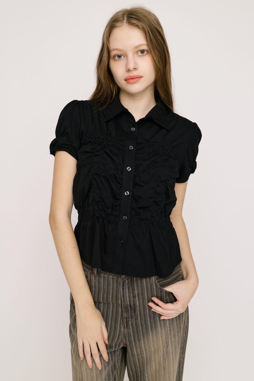 【SNSで話題！】RANDOM SHIRRING CUT トップス BLK FREE