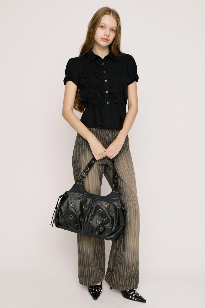 【SNSで話題！】RANDOM SHIRRING CUT トップス BLK FREE