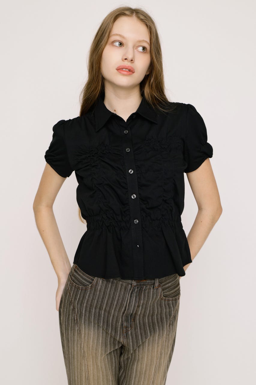 【SNSで話題！】RANDOM SHIRRING CUT トップス BLK FREE