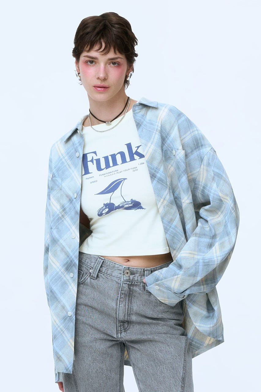 【INSTANTFUNK】ロゴ チェックシャツ BLU M