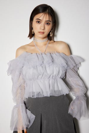 2WAYギャザーオフショルチュールブラウス