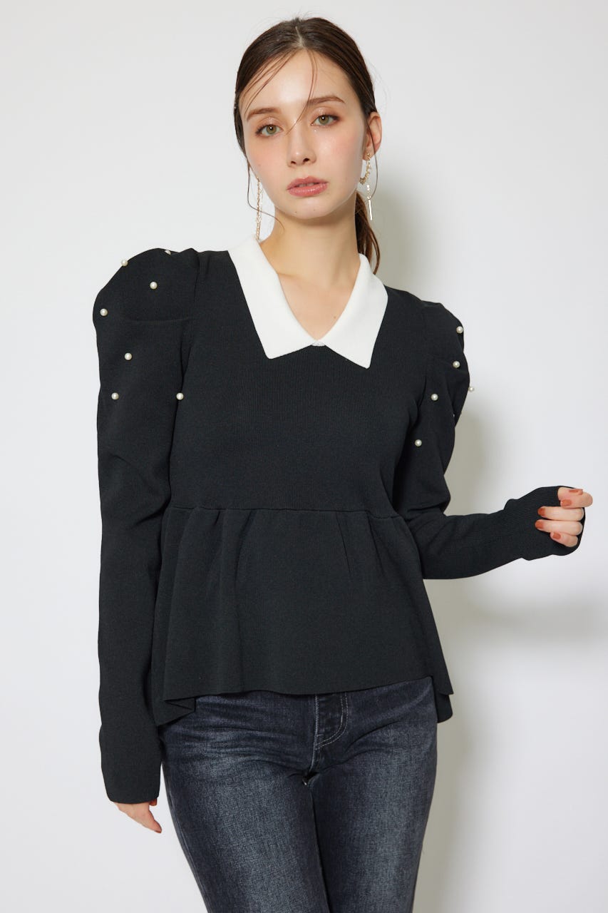 パール付きペプラムニットトップス BLK FREE