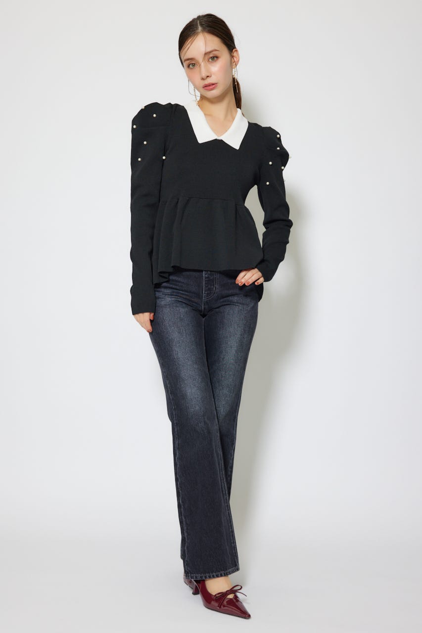 パール付きペプラムニットトップス BLK FREE