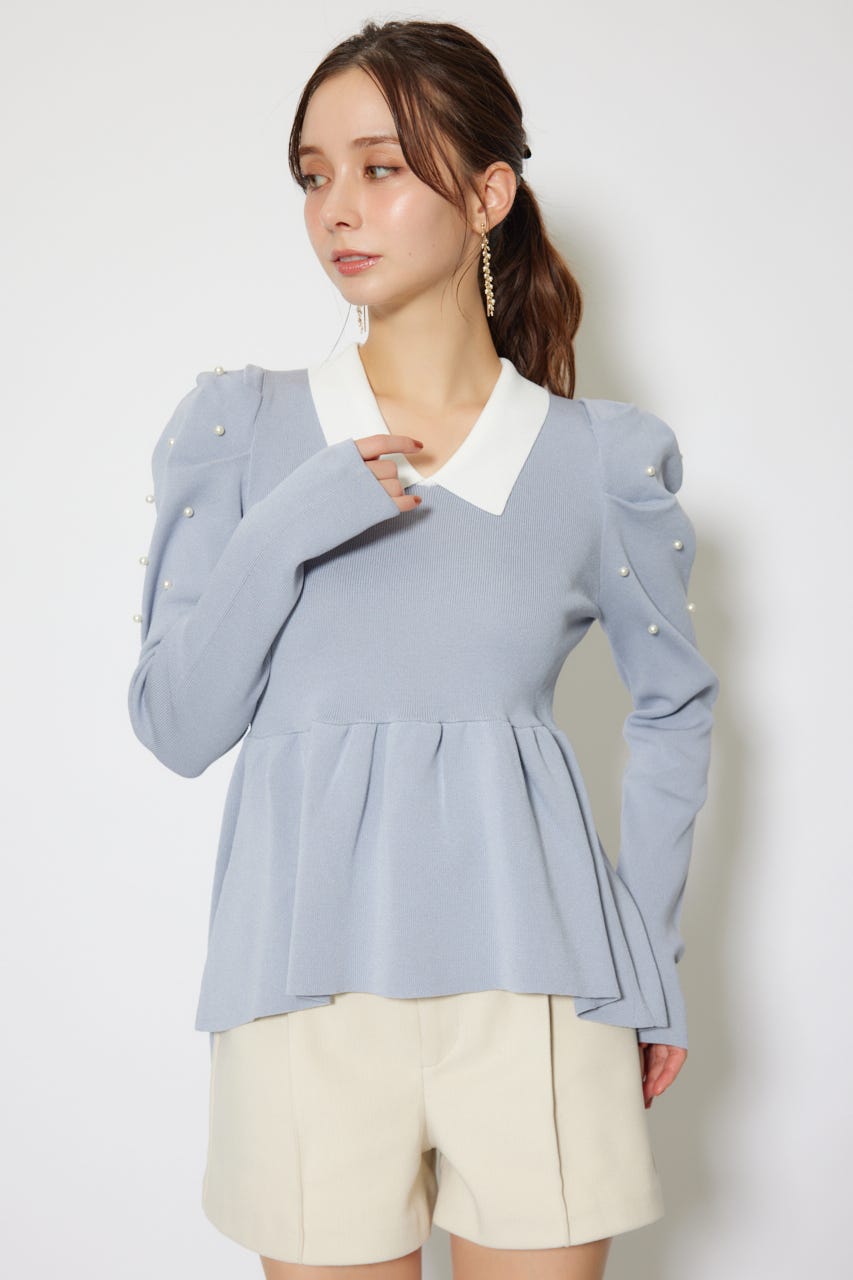 パール付きペプラムニットトップス BLU FREE