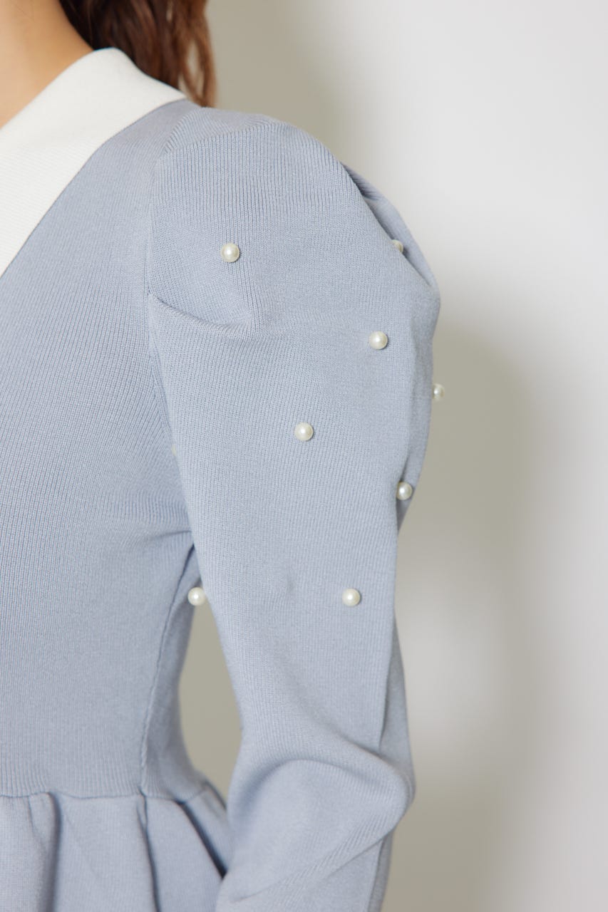 パール付きペプラムニットトップス BLU FREE