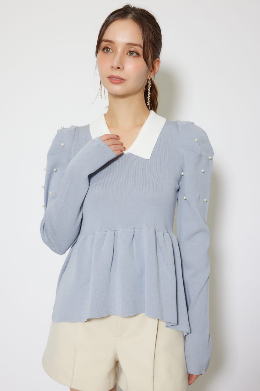 パール付きペプラムニットトップス BLU FREE