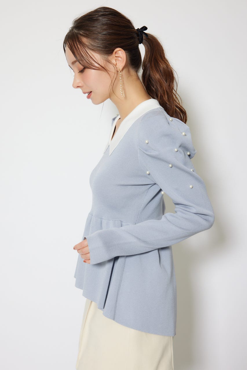 パール付きペプラムニットトップス BLU FREE