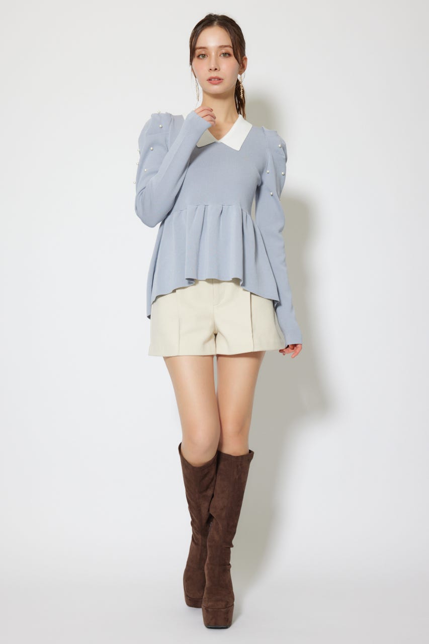 パール付きペプラムニットトップス BLU FREE