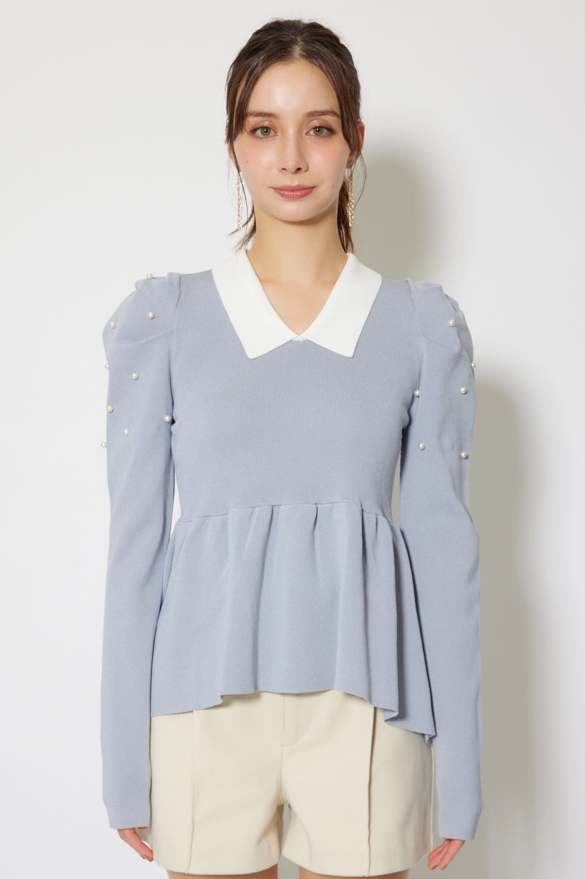 パール付きペプラムニットトップス BLU FREE