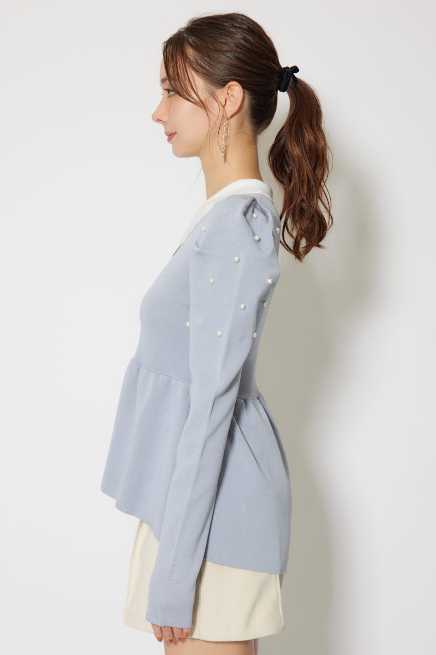 パール付きペプラムニットトップス BLU FREE