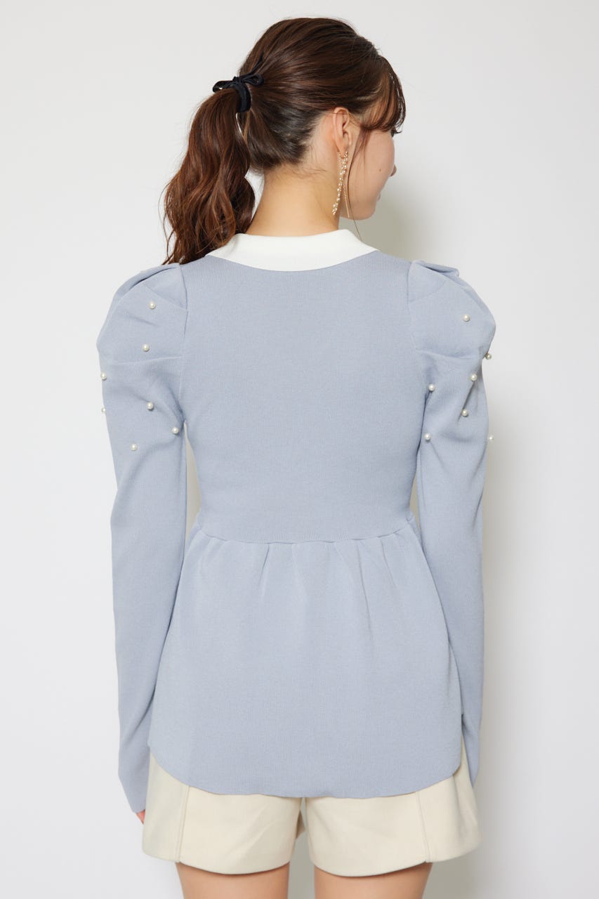 パール付きペプラムニットトップス BLU FREE