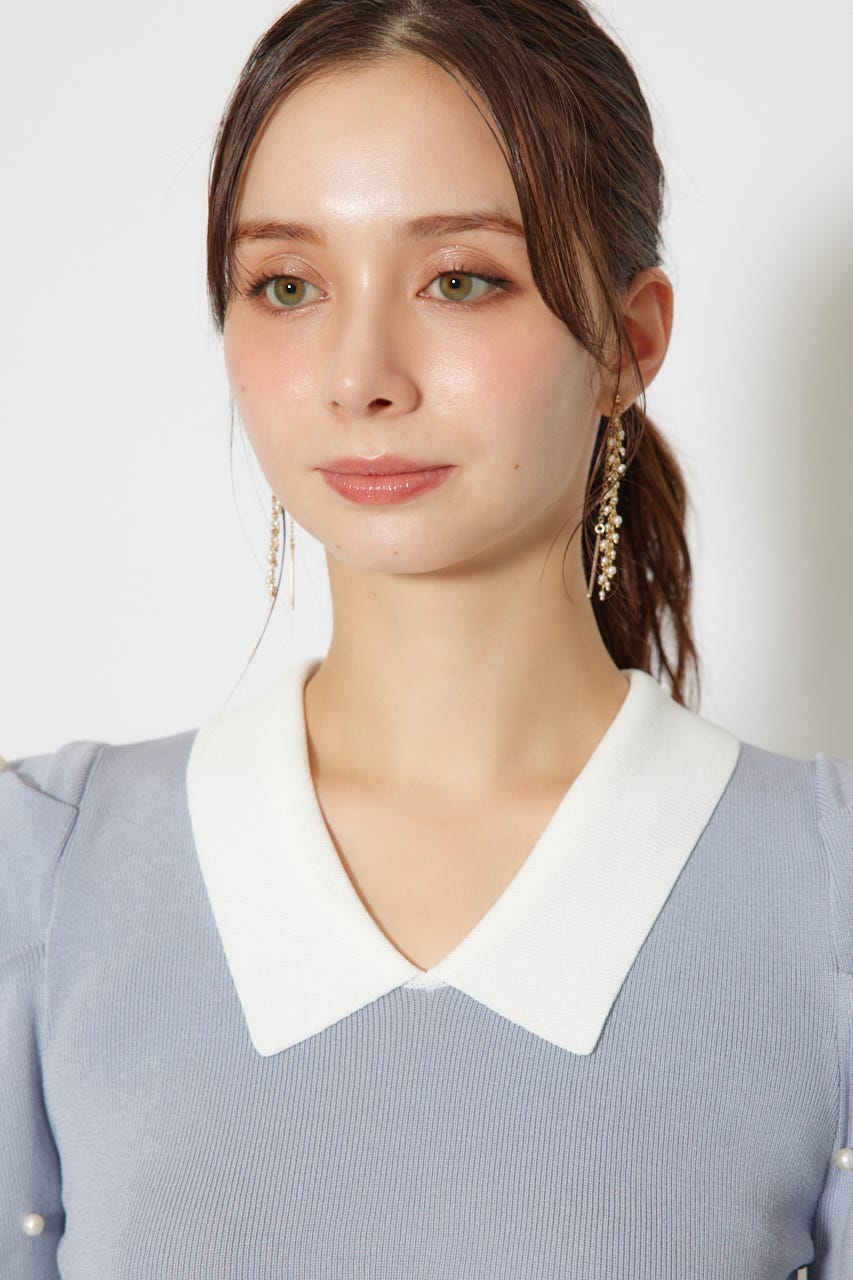 パール付きペプラムニットトップス BLU FREE