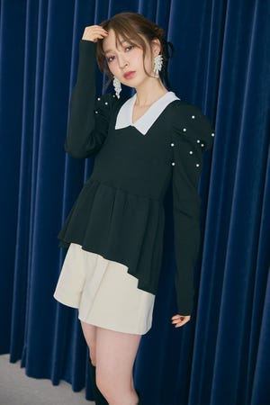 パール付きペプラムニットトップス