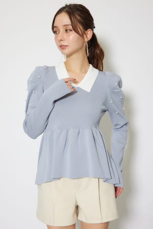 パール付きペプラムニットトップス