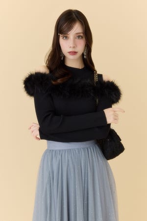 ショルダーオープンフェイクファーニットトップス