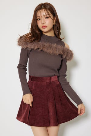 ショルダーオープンフェイクファーニットトップス