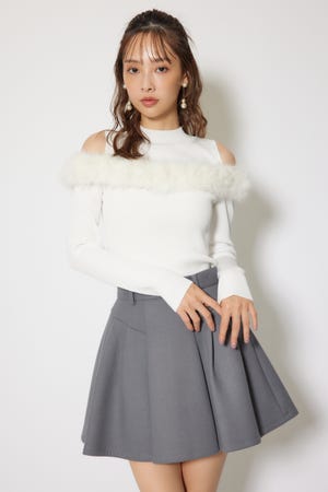 ショルダーオープンフェイクファーニットトップス