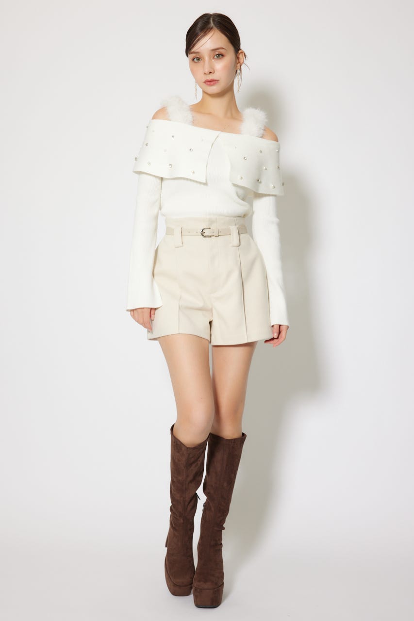 装飾パーツ　グレンダイリー　リブニット　セーター セール】Center Slit Sheer Rib Polo Collar Top / センター