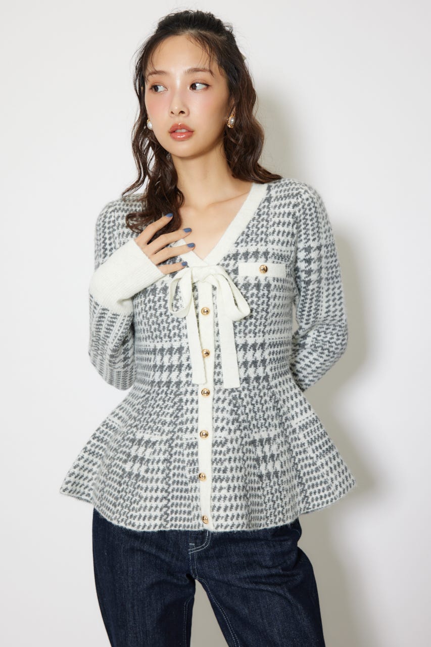 2WAYペプラムジャガードニットカーディガントップス 柄BLK FREE